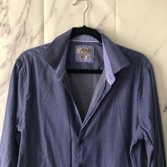 TRULY - SLIM FIT TEXTURED BUTTON DOWN SHIRT BLUE MENS MEDIUM - Picture 3 of 10